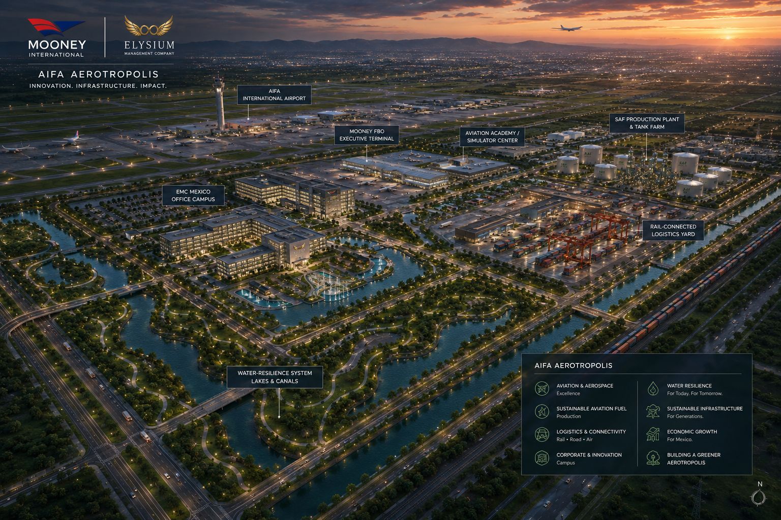 Mooney-Elysium AIFA Aerotropolis masterplan layered campus zoning conceptual vision map