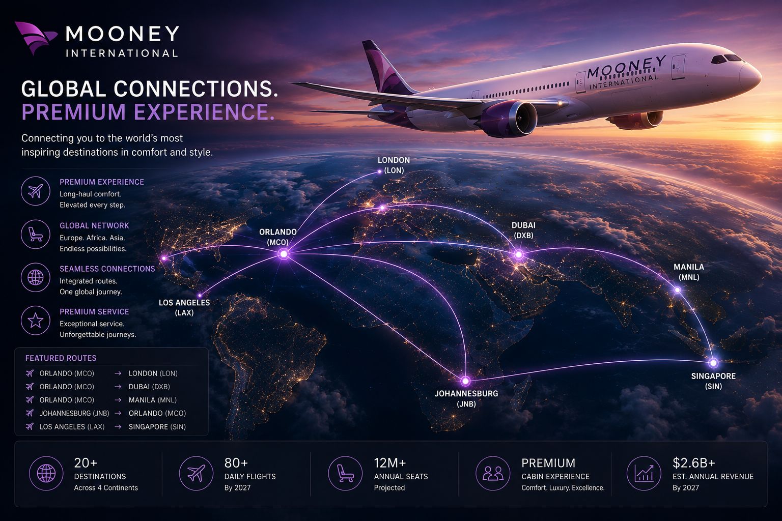 Press and Media Mooney International brand livery passenger jet airliner in clean skies