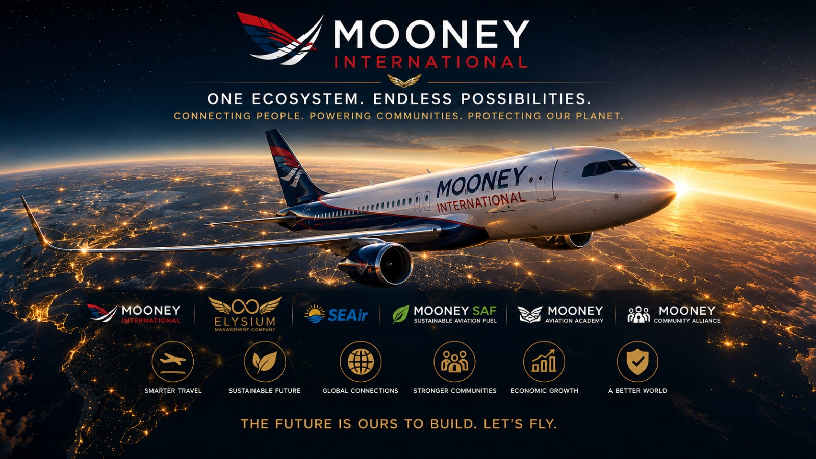Cinematic panoramic view illustrating Mooney Alliance integrated global travel and network technology