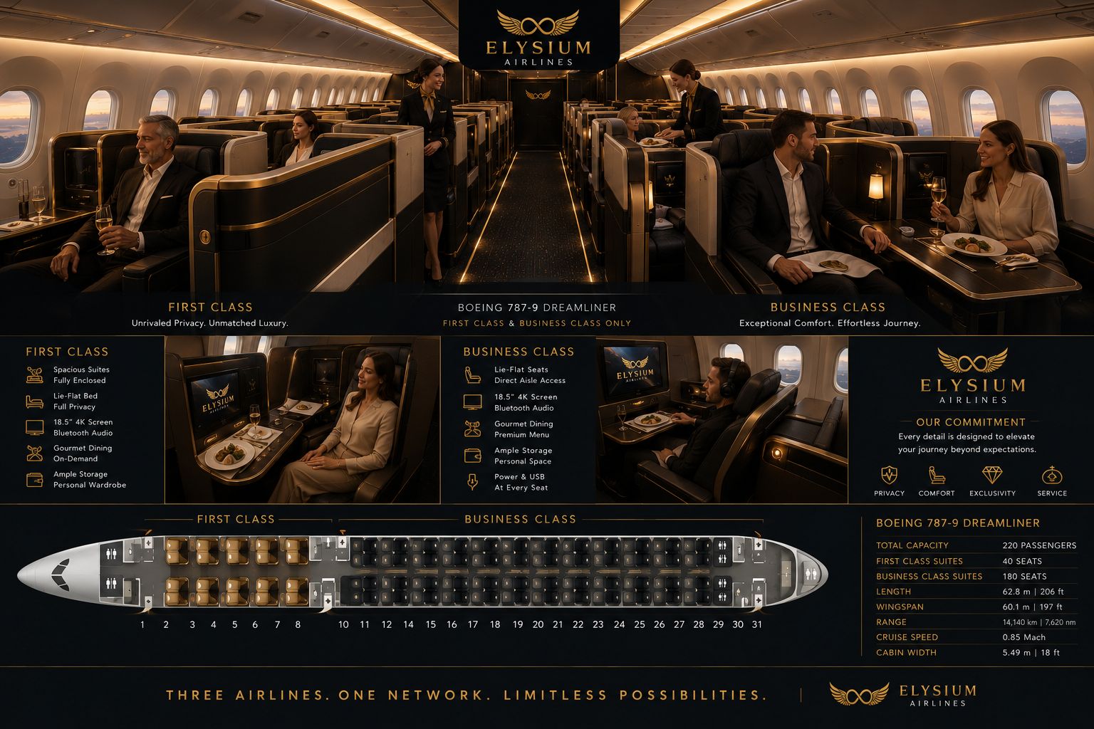 Fleet Elysium Airlines premium cabin lounge