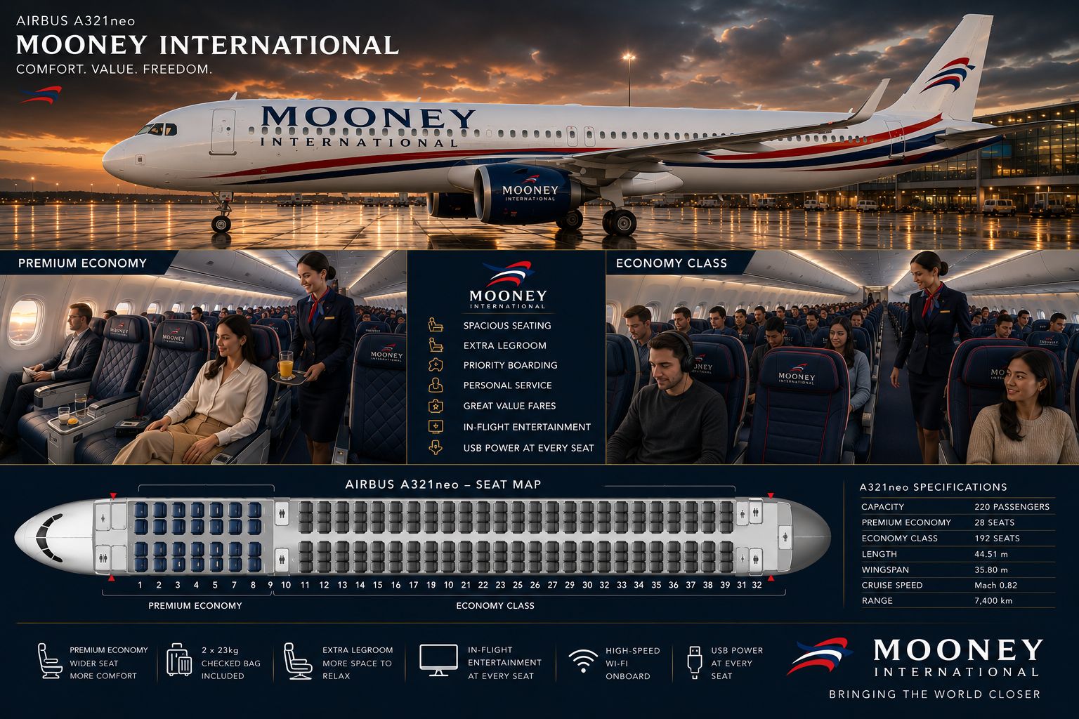 Fleet Premium in-flight cuisine options on Mooney International long-haul flights