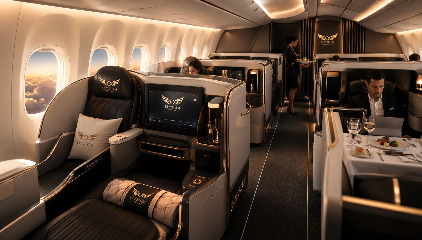 Elysium Airlines all-premium bespoke luxury cabin interior flight experience