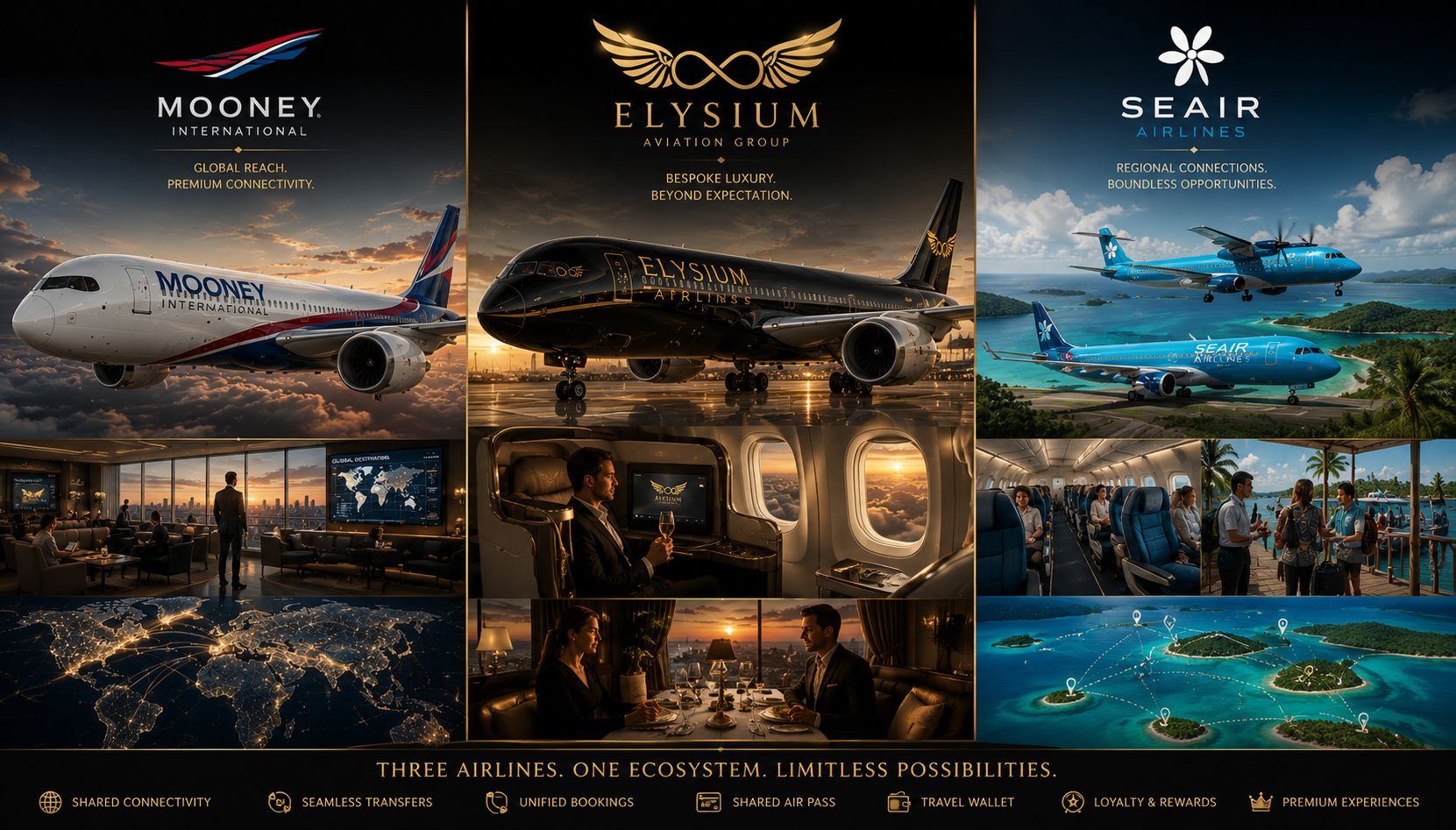 Cinematic panoramic view illustrating Mooney Alliance integrated global travel and network technology