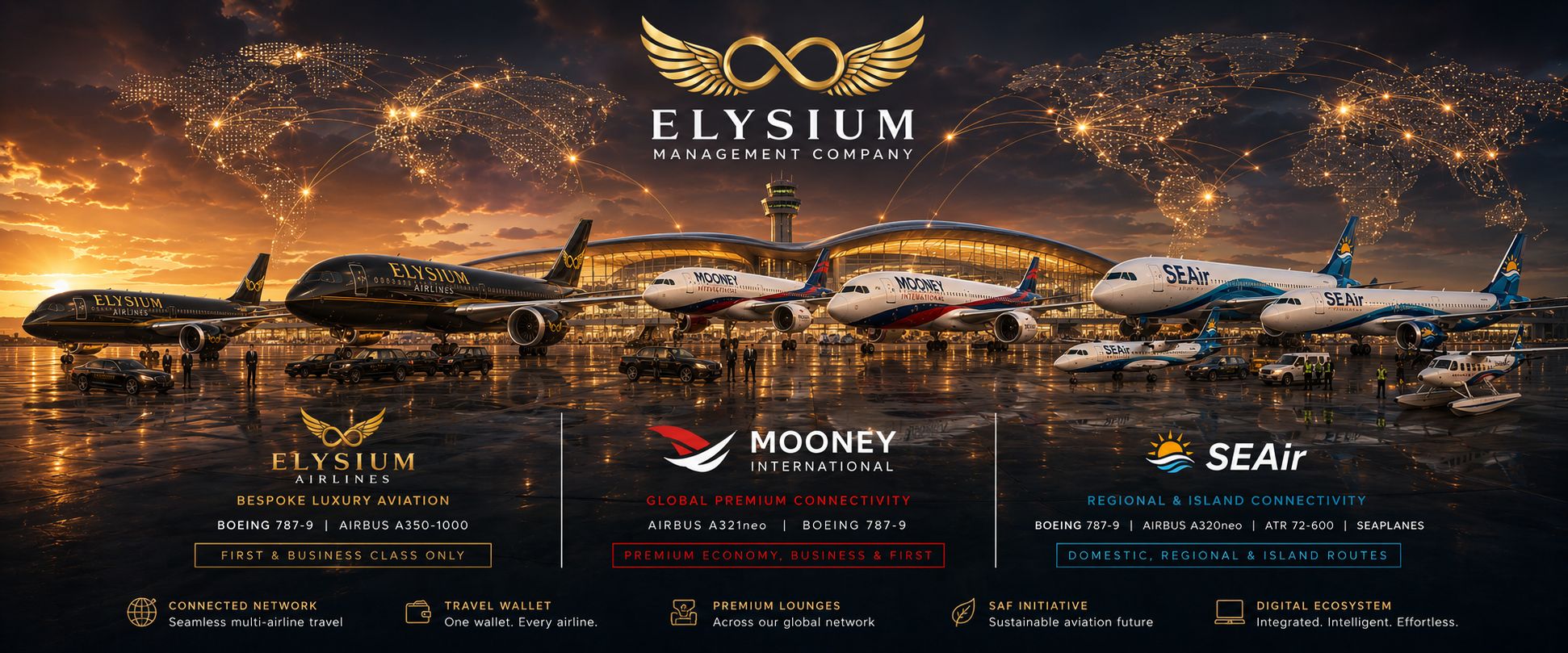 Fleet Elysium Airlines flagship premium first class luxury cabin and bespoke aviation experience