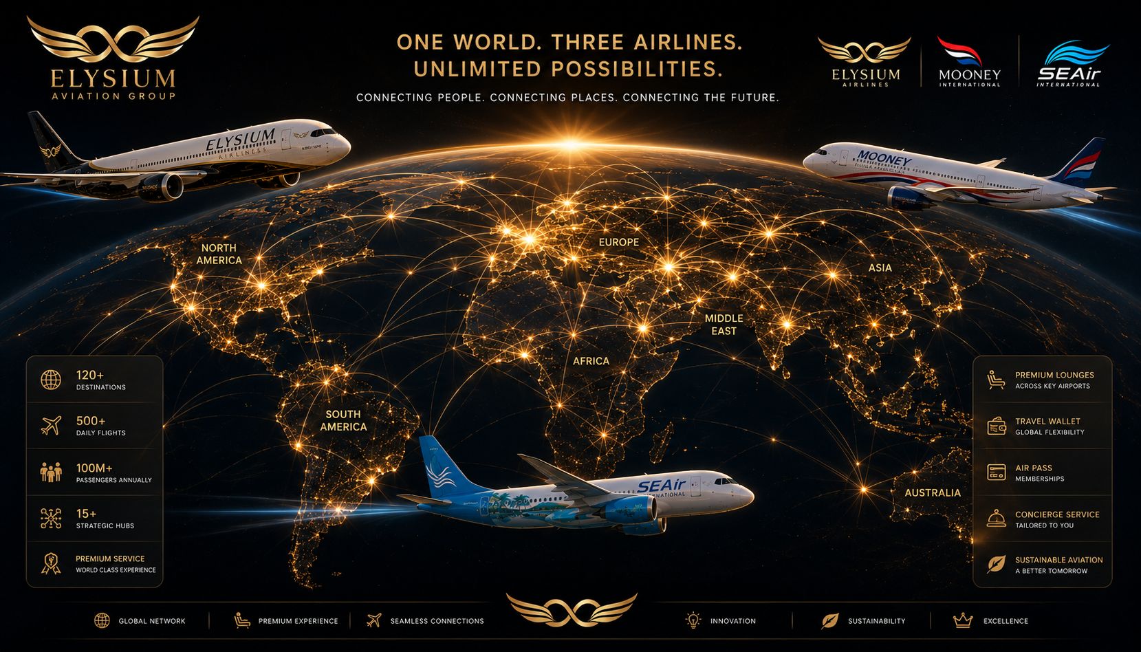 Elysium Airlines Integrated Global Route Network Map