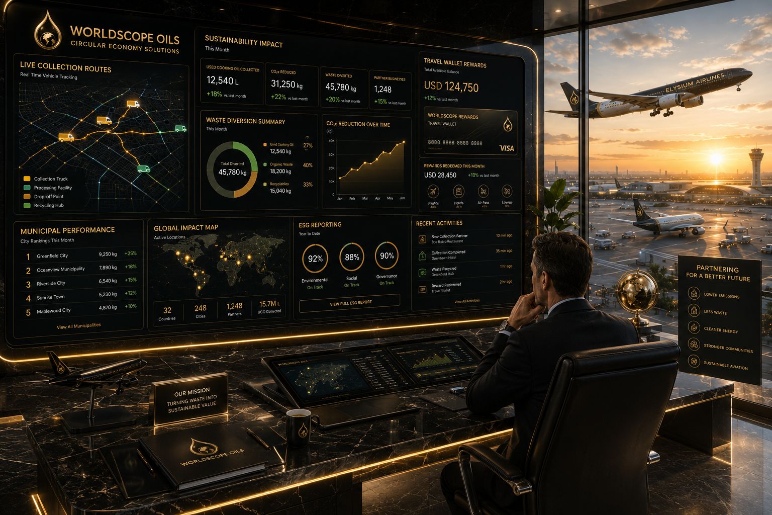 WorldscopeOils- Sustainable Aviation Rewards Programe Futuristic executive dashboard displaying live collection routes, sustainability metrics
