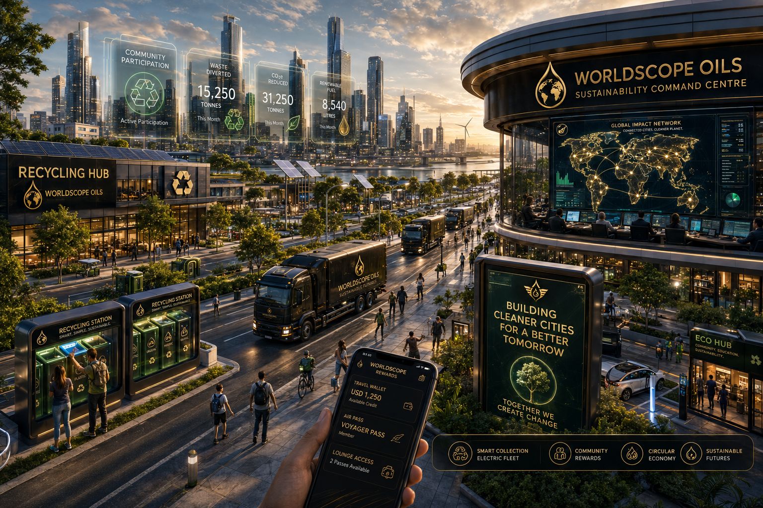 WorldscopeOils- Sustainable Aviation Rewards Programe Modern smart city with WorldScope recycling hubs